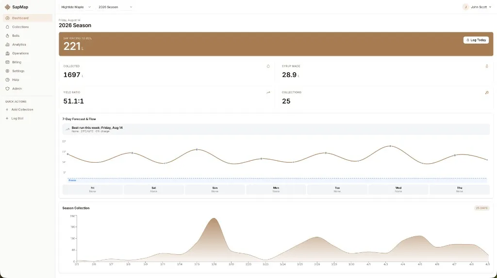 SapMap dashboard showing season overview and sap flow outlook